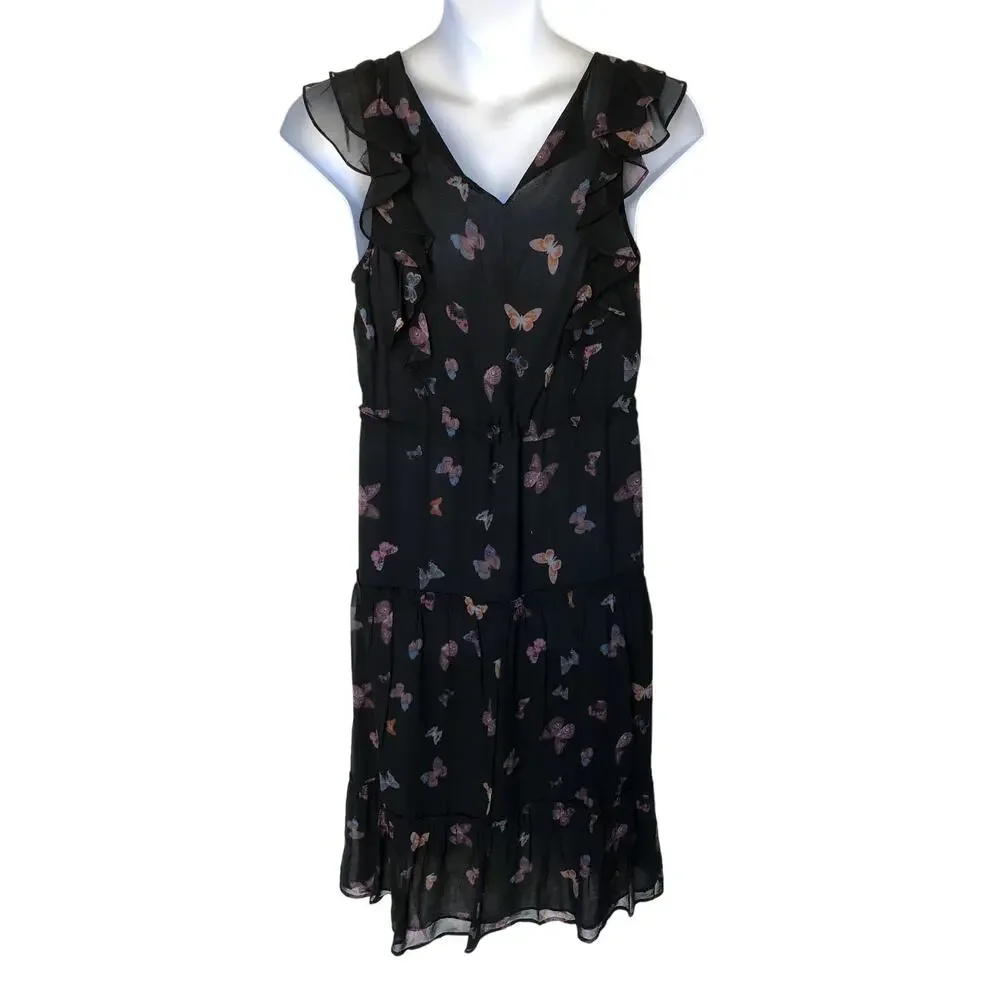NWT Paige Black Butterfly Print Silk "Basil" Dress with Drawstring Waist size L - Picture 4 of 9